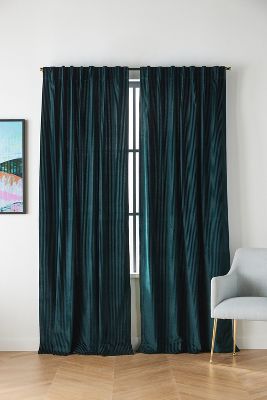 Anthropologie Fiora Ribbed Velvet Curtain By  In Blue Size 50x84