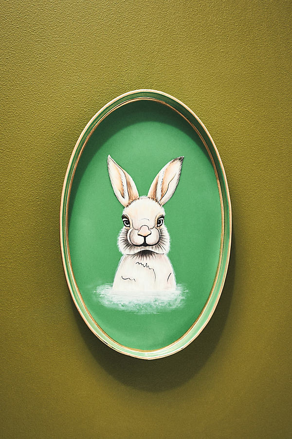 Les Ottomans Handpainted Bunny Tray In Green