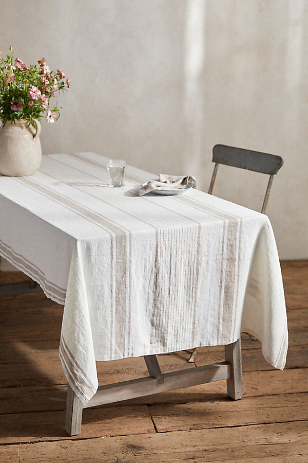 Terrain Tuscan Stripe Linen Tablecloth In White