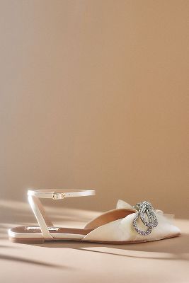 Badgley Mischka Sabina Satin Crystal-knot Ballerina Flats In White