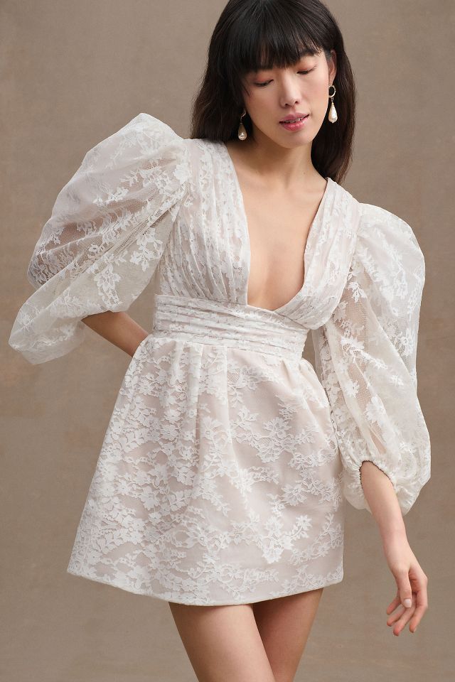 Watters Meringue Lace V Neck Balloon Sleeve Mini Dress Anthropologie