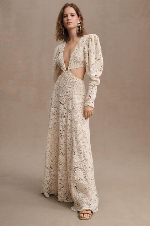 Magali Pascal Pandora Plunge V-Neck Open-Back Crochet Gown