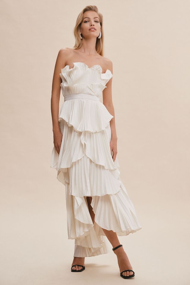 AMUR Judah Strapless Tiered Scallop Pleated Column Dress