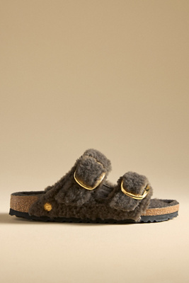 Birkenstock Arizona Brown Fur Suede Slides In Grey