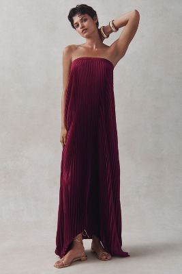 L'idée Elle Strapless Pleated Gown In Red