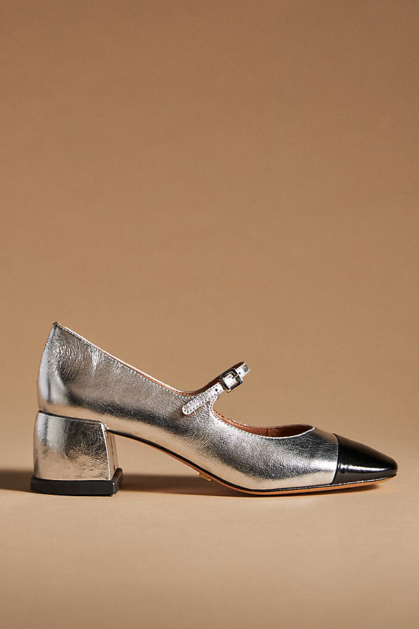 Vicenza Leather Colourblock Mary Janes Heels In Silver