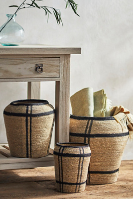Woven Seagrass Storage Basket with Brown Stripe
