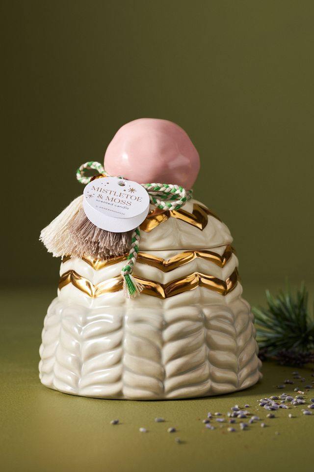 Betty Woody Mistletoe & Moss Ceramic Snow Hat Candle AnthroLiving