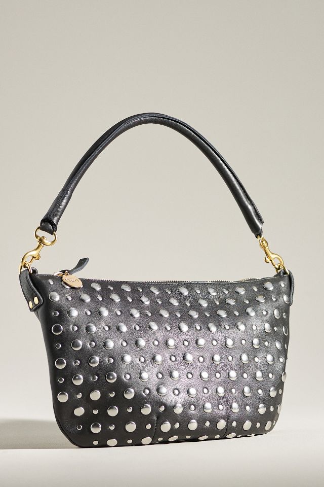 Clare V. Petit Moyen Silver Stud Embellished Leather Shoulder Bag in Black Nappa w/Silver Studs