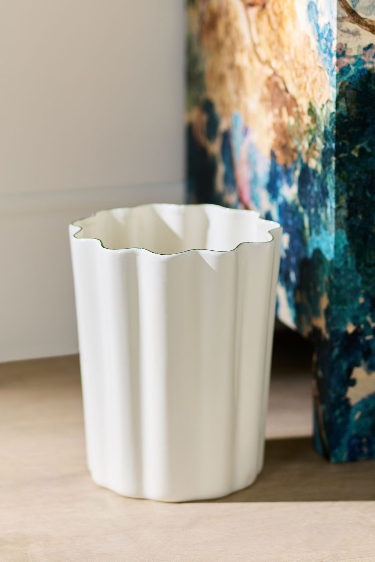 Le Marais Waste Basket - Cream + Green Trim, Standard, One Size