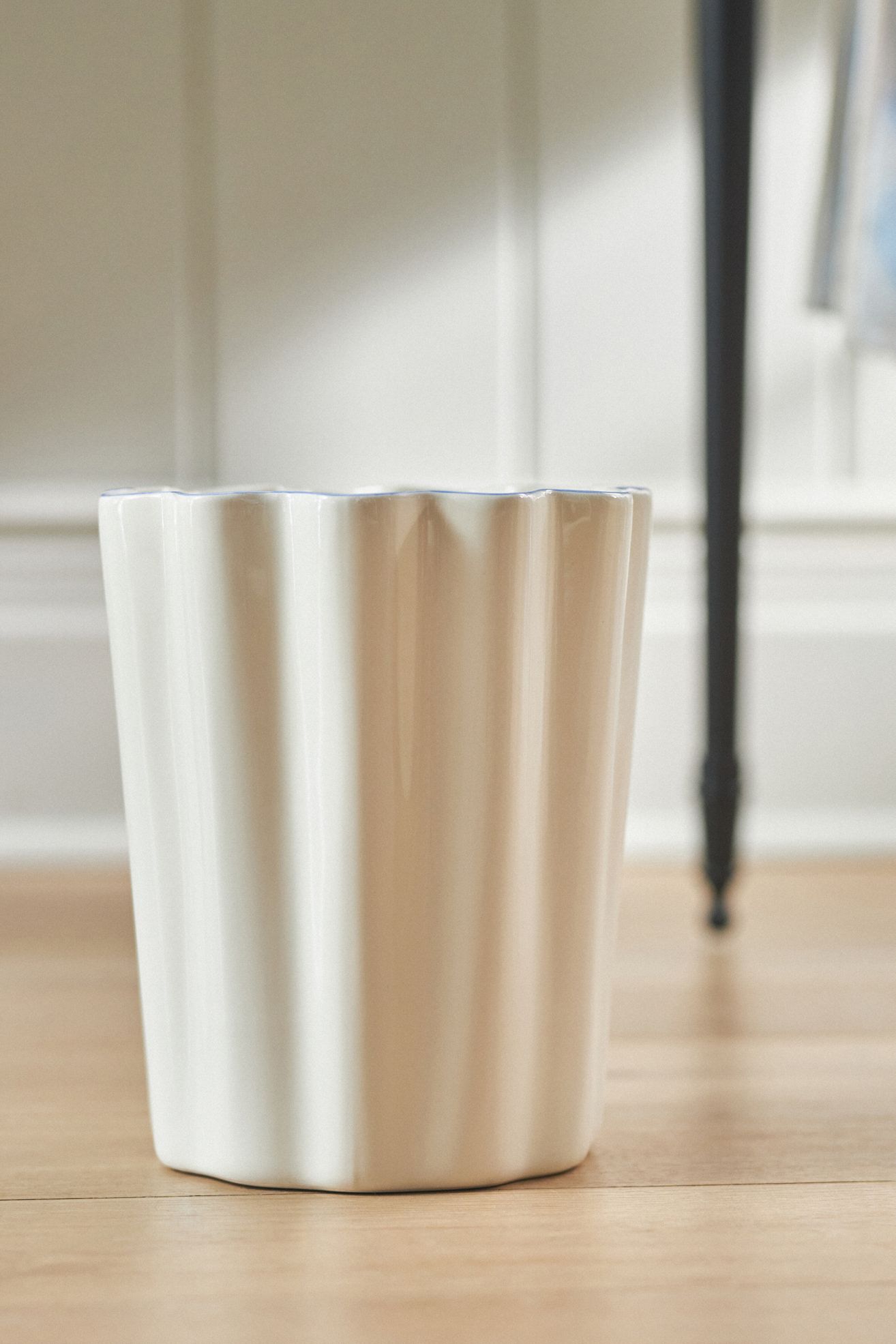 Le Marais Scalloped Waste Basket - Cream + Blue Trim, One Size