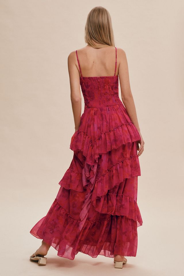 BHLDN Thalia Printed Ruched Square-Neck Ruffle Chiffon Gown #1