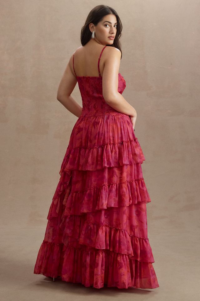BHLDN Thalia Printed Ruched Square-Neck Ruffle Chiffon Gown #7