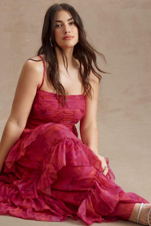 BHLDN Thalia Printed Ruched Square-Neck Ruffle Chiffon Gown