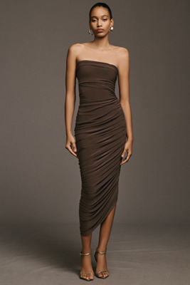 Norma Kamali x Anthropologie Weddings Diana Strapless Ruched Midi Dress