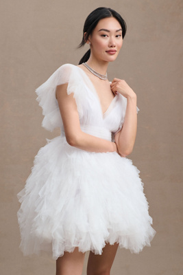 Mac Duggal Womens Ruffled Tulle Cocktail And Party Dress In White