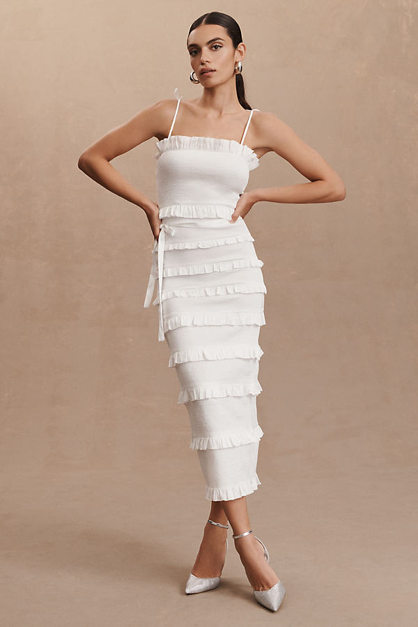 V. Chapman Lily Ruched & Ruffled Stretch Midi Dress In White