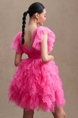 Mac Duggal Ruffled A-line Flutter-sleeve Mini Dress In Pink