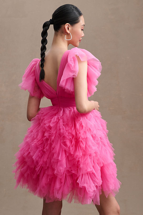 Ruffled A-line Flutter-sleeve Mini Dress In Hot Pink