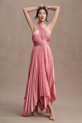 Mac Duggal Pleated Halter Neck Asymmetrical Hem Gown In Pink