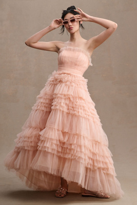 Mac Duggal Strapless Tulle Ruffle Gown In Pink