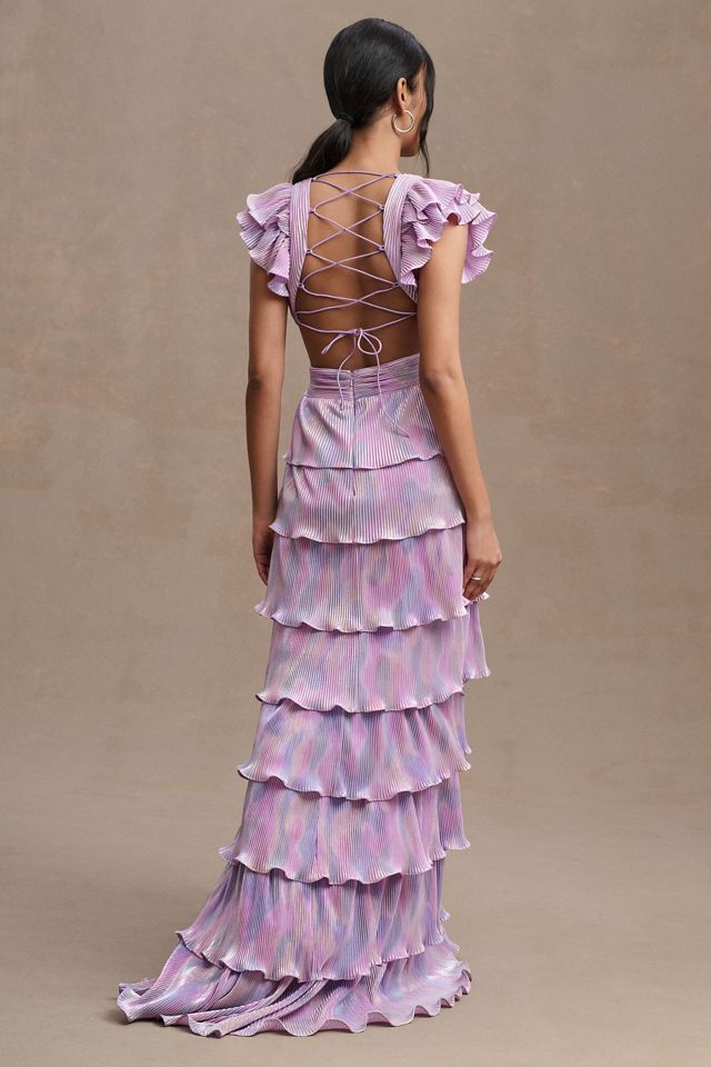 Mac Duggal Tiered Plissé Lace-Up Flutter-Sleeve Column Gown #1