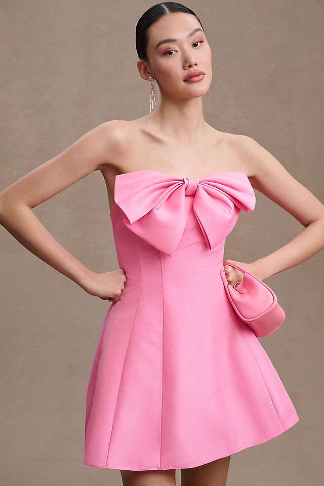 pink bow dress KissProm A-Line Lace Off-the-Shoulder Bow-Back Short Homecoming Dress, Pink / 0 this dress adds a flirty touch to any formal occasion Take A Bow Lace Mini
