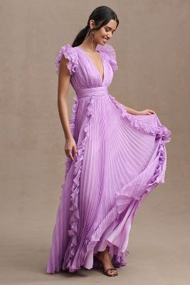Mac Duggal Pleated Flutter-sleeve Deep-v Empire-waist Gown In Purple