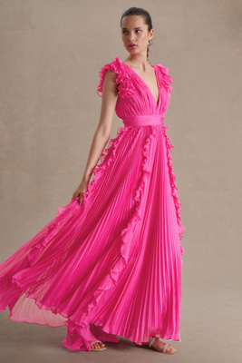 Mac Duggal Pleated Flutter-sleeve Deep-v Empire-waist Gown In Pink