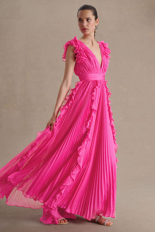 Mac Duggal Pleated Flutter-sleeve Deep-v Empire-waist Gown In Pink