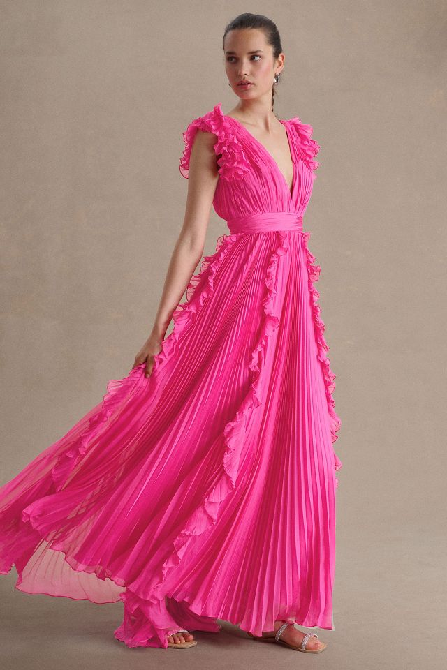 Pleated maxi dress outlet with flutter sleeve