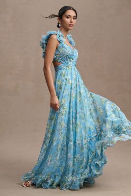 Mac Duggal Indy A-line Ruffled Back-lace Chiffon Gown In Blue