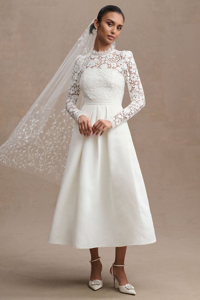 Sachin & Babi Cecelia Lace-Sleeve A-Line Pleated Midi Dress