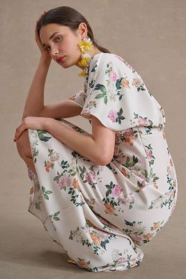 Bhldn Leila Deep-v Flutter-sleeve Satin A-line Gown In Multicolor