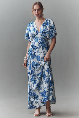 BHLDN Leila Deep-V Flutter-Sleeve Satin A-Line Gown