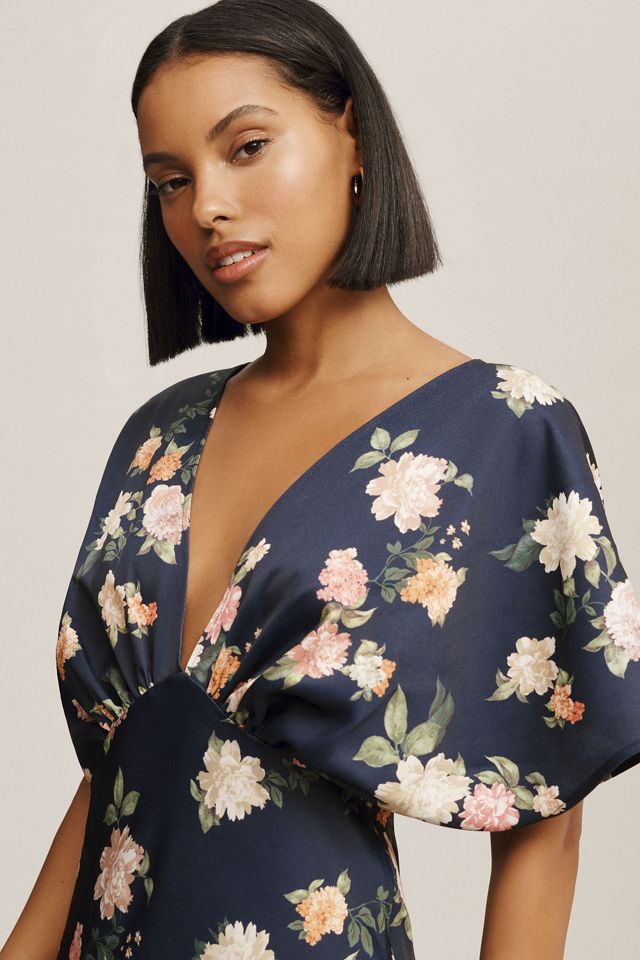 BHLDN Leila Deep-V Flutter-Sleeve Satin A-Line Gown
