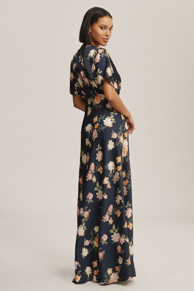 BHLDN Leila Deep-V Flutter-Sleeve Satin A-Line Gown