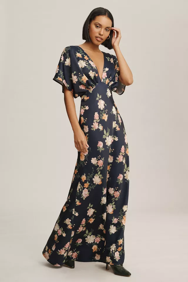 BHLDN Leila Deep-V Flutter-Sleeve Satin A-Line Gown