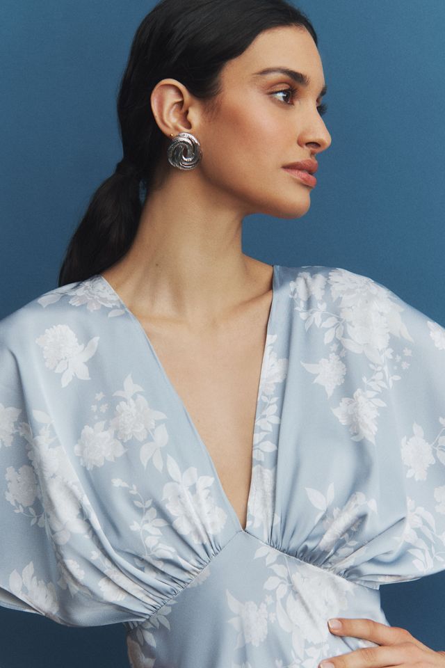 BHLDN Leila Deep-V Flutter-Sleeve Satin A-Line Gown #2