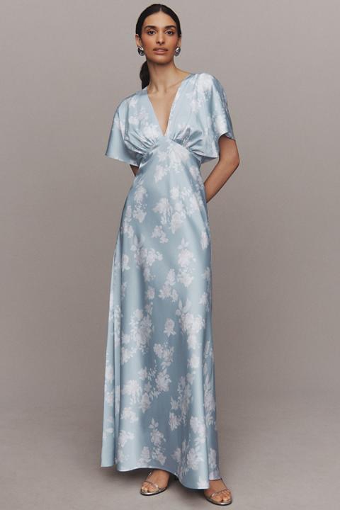 BHLDN Leila Deep-V Flutter-Sleeve Satin A-Line Gown