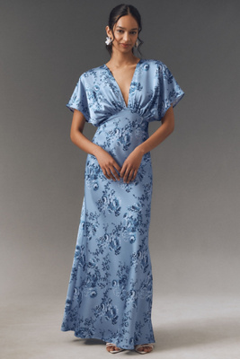 Bhldn Leila Deep-v Flutter-sleeve Satin A-line Gown