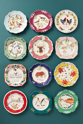 Lou Rota Twelve Days of Christmas Assorted Stoneware Dessert Plates, Set of 12