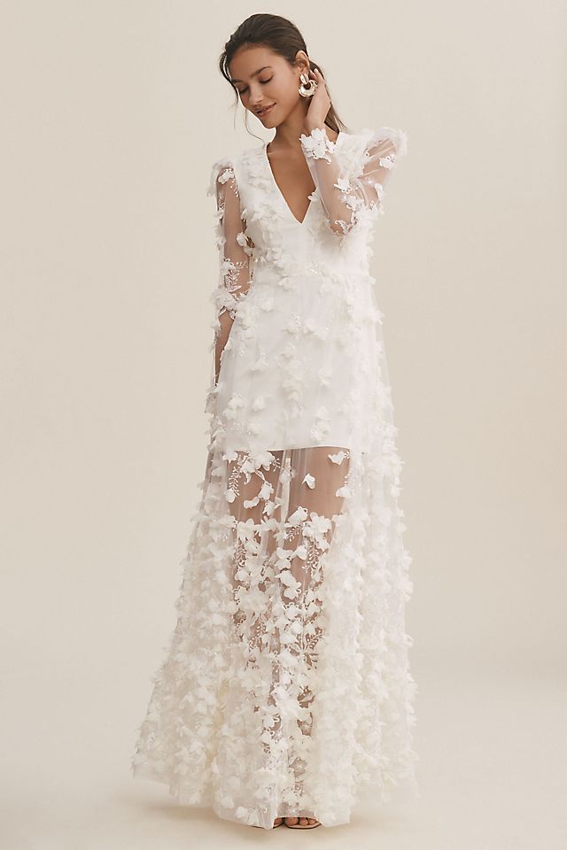 white floral dress long sleeve LONGE LACE GOWN | CULT MIA Silk White Helsi Blair Long-Sleeve V-Neck Floral