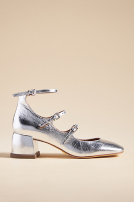 Vicenza Triple-strap Mary Jane Heels In Silver