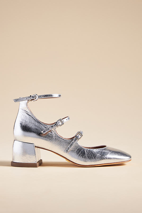 Vicenza Triple-strap Mary Jane Heels In Silver