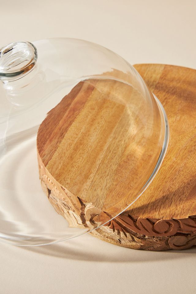 Carved Wooden Cake Stand with Glass Dome #2