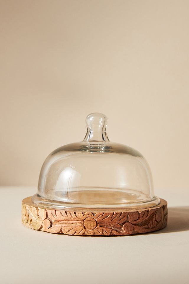 Carved Wooden Cake Stand with Glass Dome #3