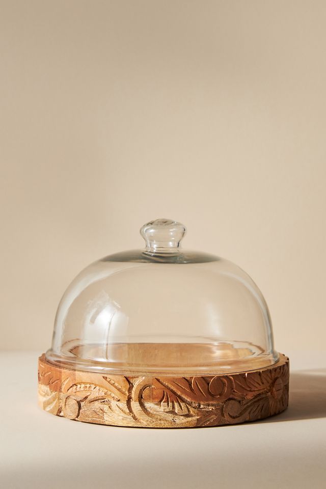Carved Wooden Cake Stand with Glass Dome #1