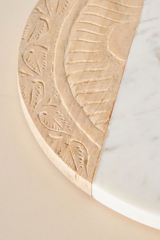 Round Carved Wood & Marble Cheese Board #1