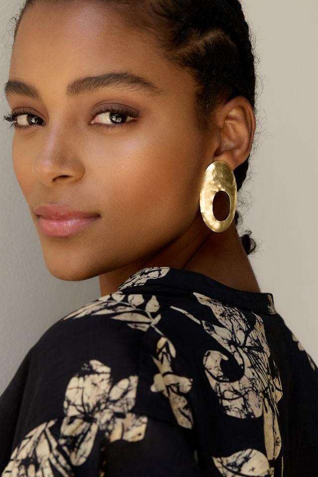 Hammered Metal Open Oval Drop Earrings #2